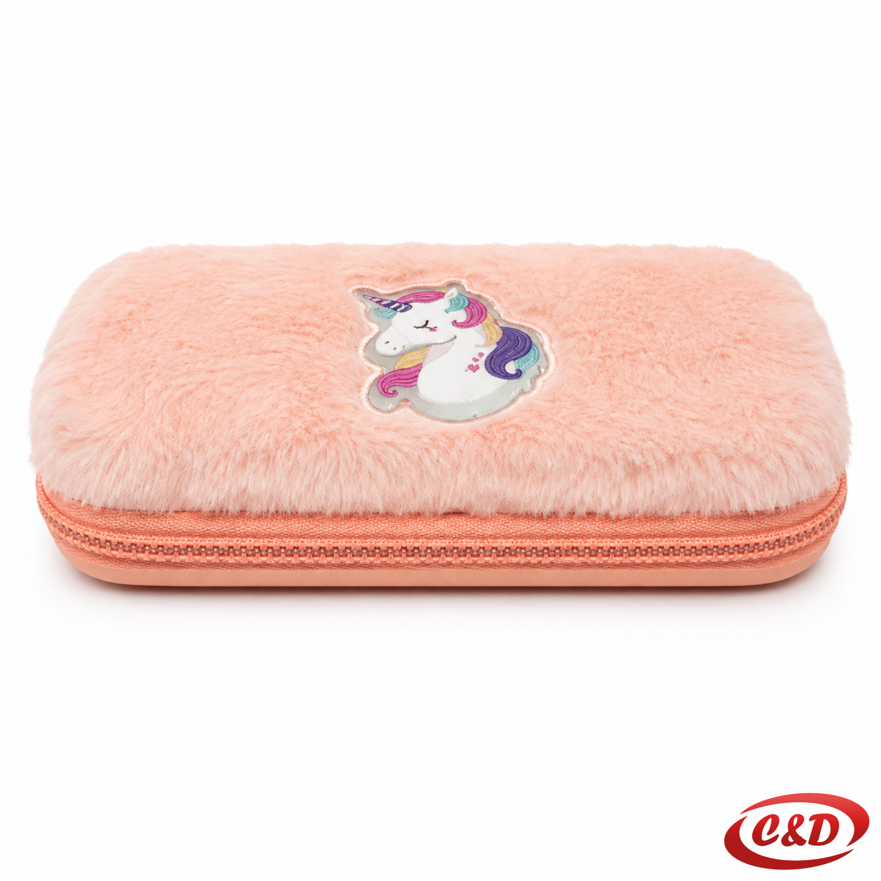 Narančasta plišana pernica Unicorn od poliestera i pliša s dva patentna zatvarača dimenzija 20 × 2 × 9 cm