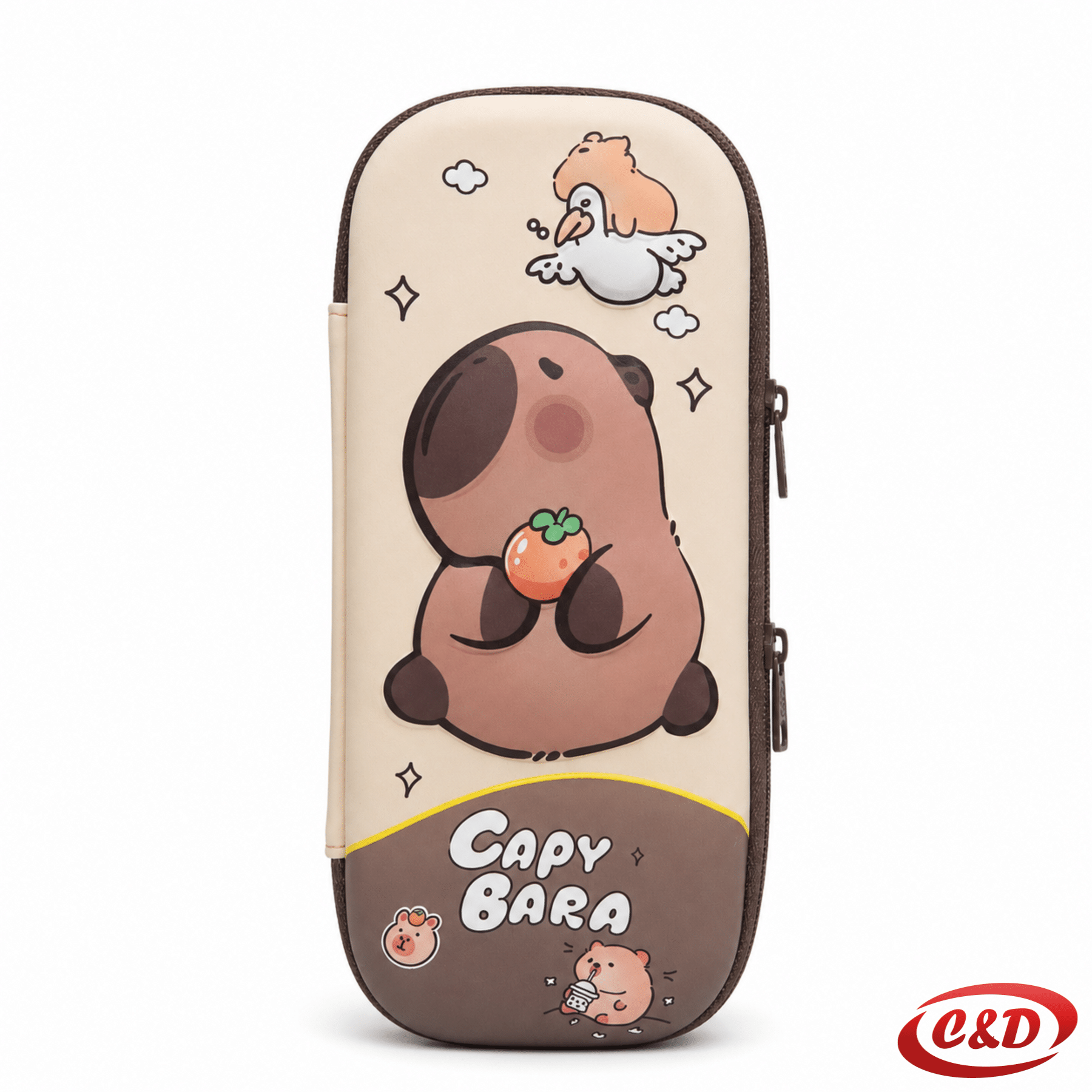 Bež i smeđa pernica s motivom Capybara od poliestera s dva patentna zatvarača, dimenzija 22 × 10 × 4 cm