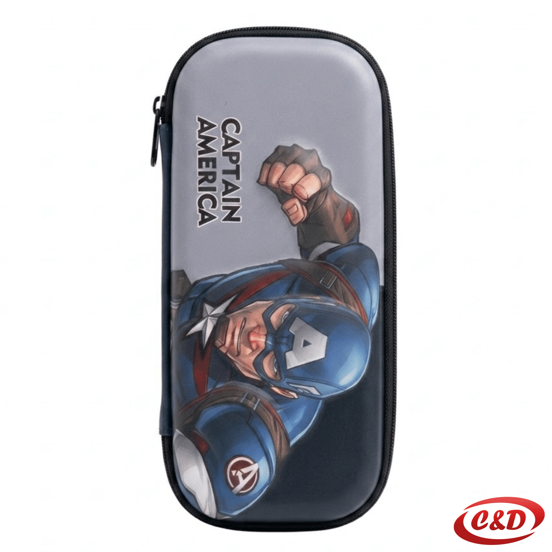 Crna i plava pernica Captain America 3D od poliestera s dva patentna zatvarača, dimenzija 22 × 10 × 4 cm