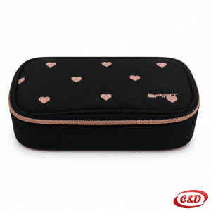 Crna pernica sa rozim srcima od poliestera s jednim pretincem, unutarnjom pregradom i džepom na zip dimenzija 23 × 12 × 6 cm