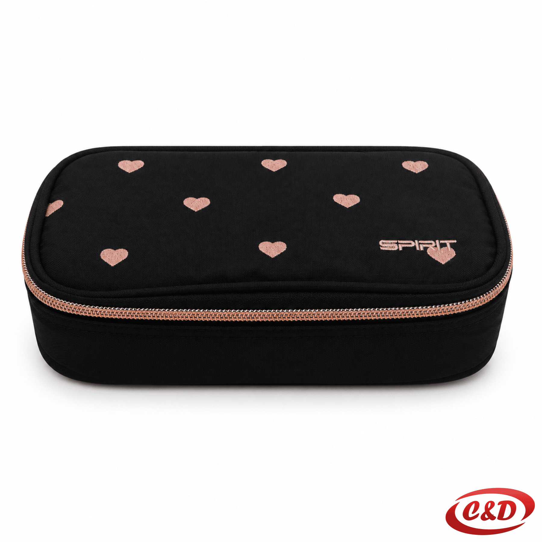 Crna pernica sa rozim srcima od poliestera s jednim pretincem, unutarnjom pregradom i džepom na zip dimenzija 23 × 12 × 6 cm