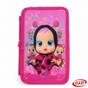 Puna školska pernica u baby roza boji s dvije pregrade i kompletnim školskim priborom, dimenzija 20 × 12 × 4 cm