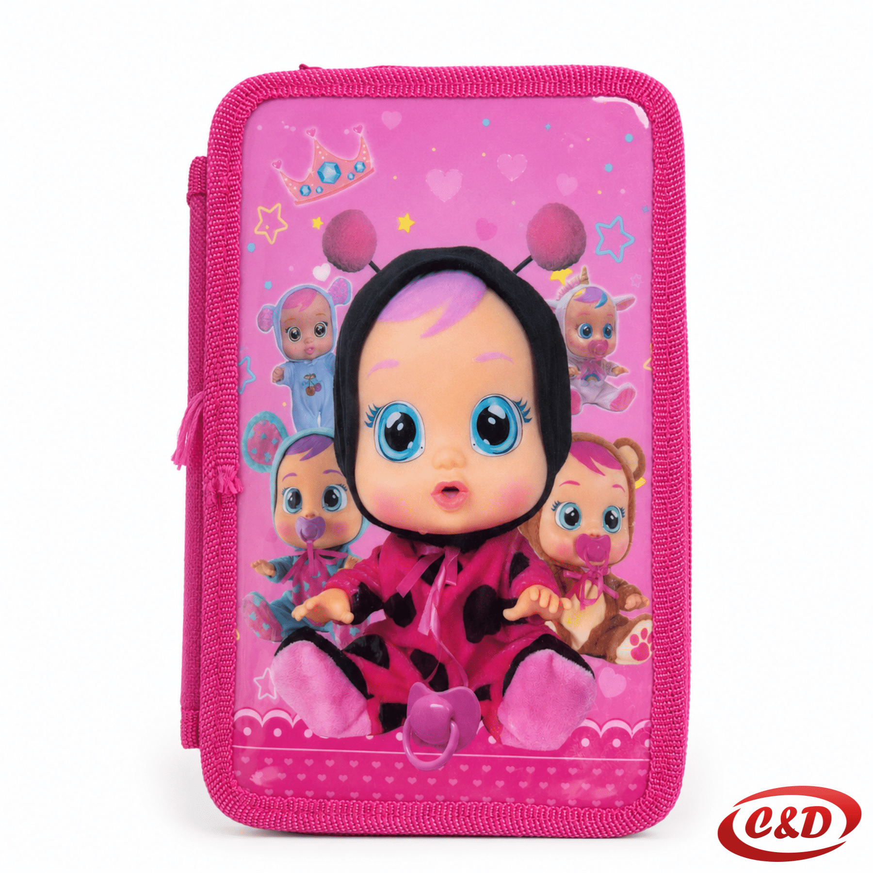 Puna školska pernica u baby roza boji s dvije pregrade i kompletnim školskim priborom, dimenzija 20 × 12 × 4 cm