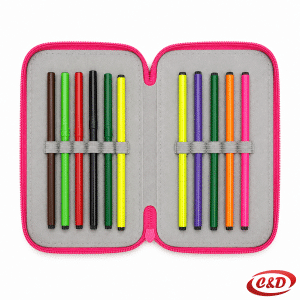Roza puna školska pernica s motivom Peppa Pig, tri pregrade i kompletnim školskim priborom, dimenzija 20 × 12 × 6 cm