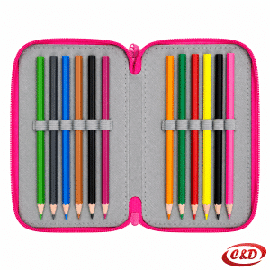 Roza puna školska pernica s motivom Peppa Pig, tri pregrade i kompletnim školskim priborom, dimenzija 20 × 12 × 6 cm