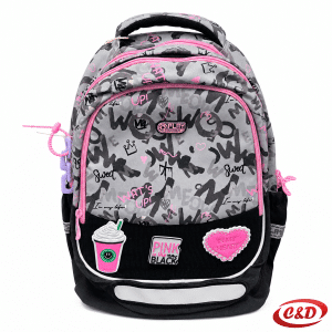 Play Maxx Cozy Vibe anatomski školski ruksak u crnoj, sivoj i roza boji od vodootpornog poliestera, dimenzija 41 × 31 × 21 cm