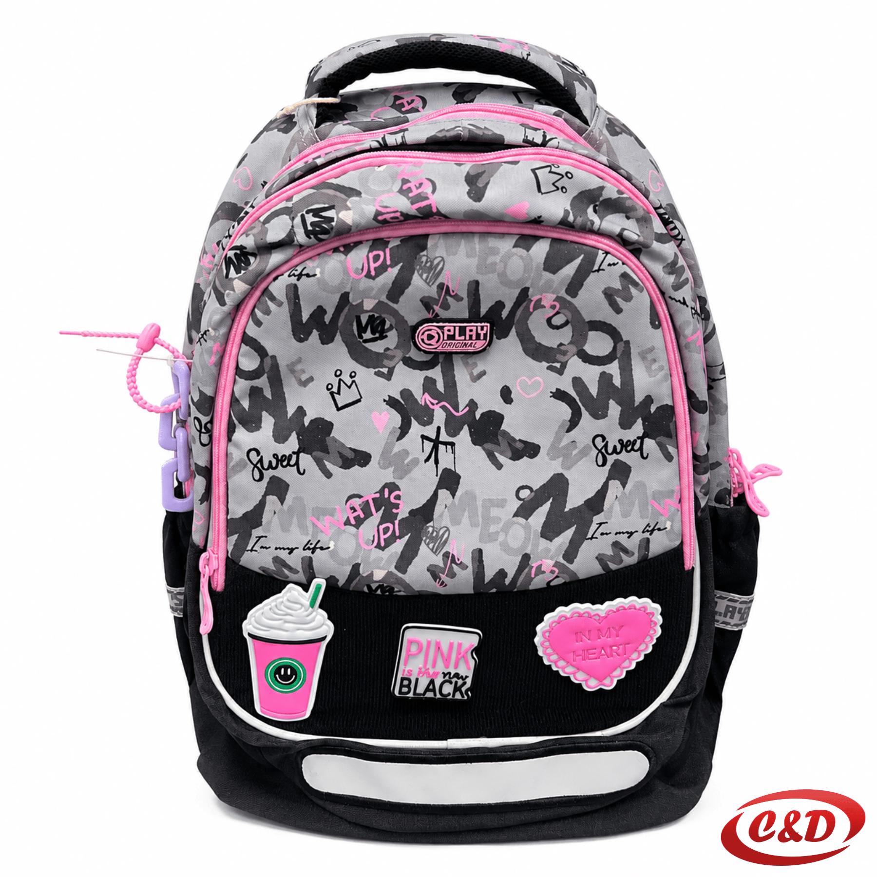 Play Maxx Cozy Vibe anatomski školski ruksak u crnoj, sivoj i roza boji od vodootpornog poliestera, dimenzija 41 × 31 × 21 cm