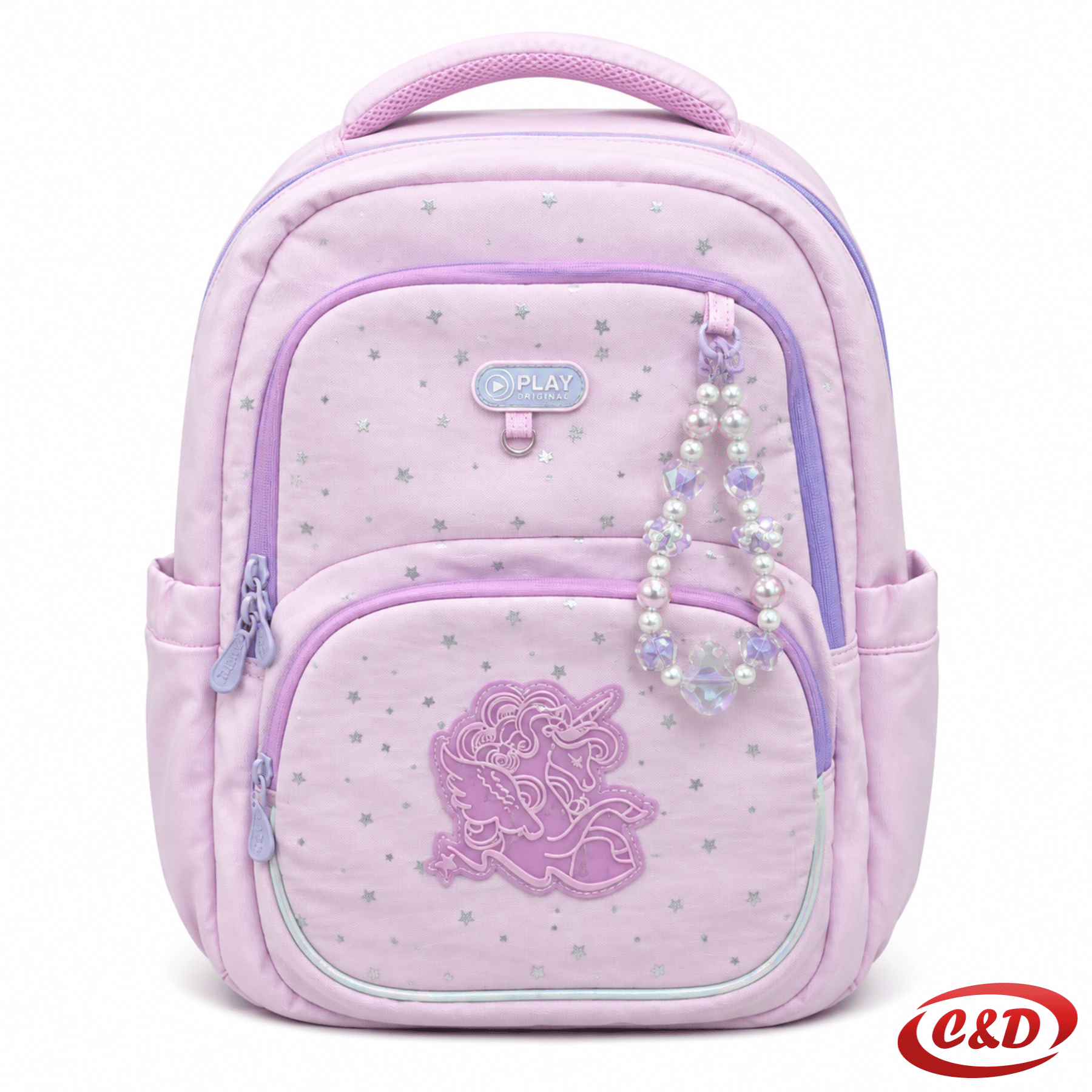 Roza i ljubičasti Play Etron Unicorn anatomski školski ruksak s anatomskim podesivim naramenicama, prsnom kopčom i ventilirajućim leđima, dimenzija 38 × 30 × 20 cm