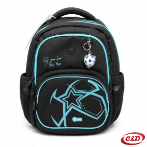 Play Etron Legendary Football anatomski školski ruksak u crnoj i plavoj boji od poliestera s privjeskom nogometne lopte, dimenzija 38 × 30 × 20 cm