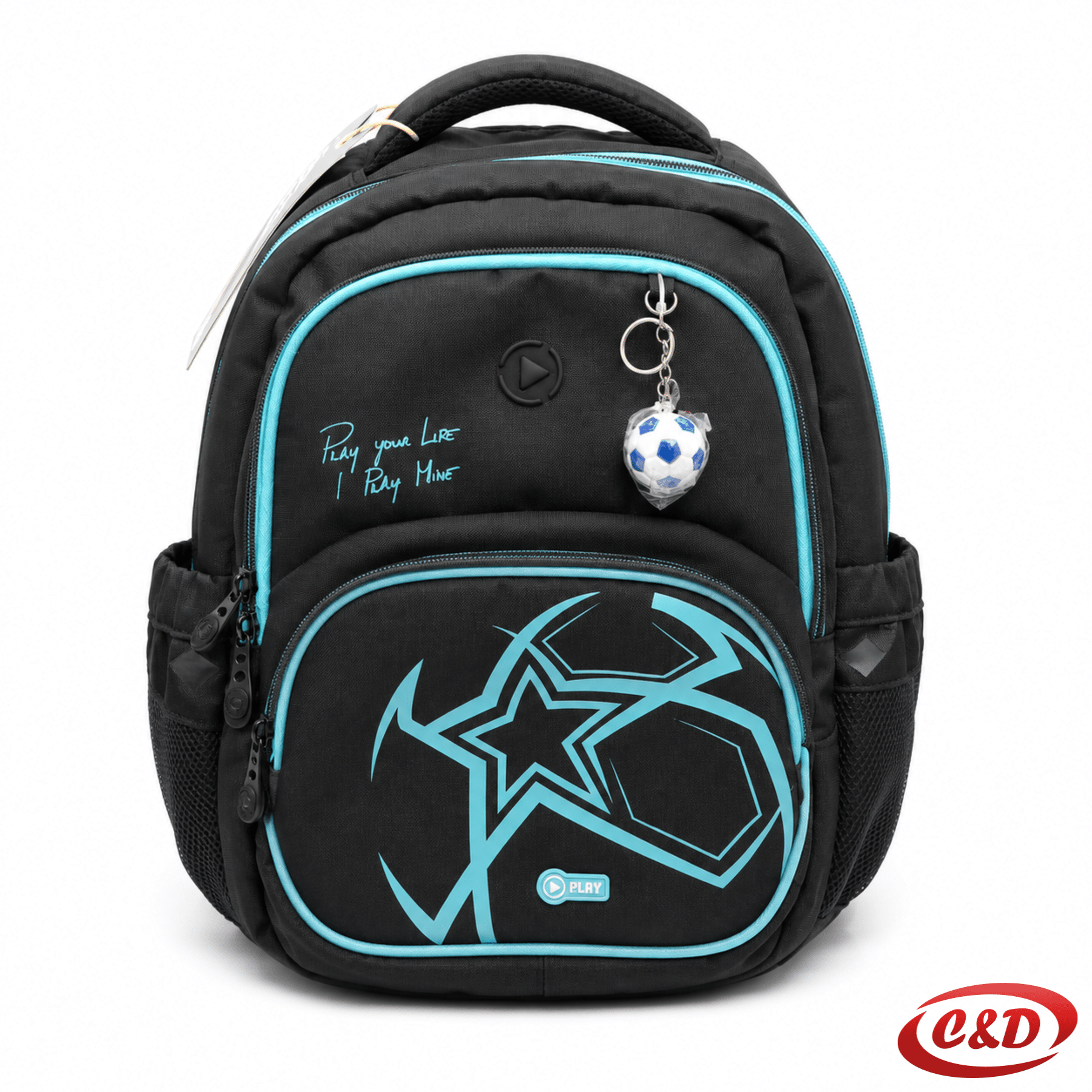 Play Etron Legendary Football anatomski školski ruksak u crnoj i plavoj boji od poliestera s privjeskom nogometne lopte, dimenzija 38 × 30 × 20 cm