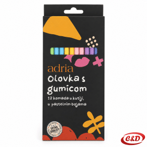 Adria grafitne olovke s gumicom u pastelnim bojama, set od 12 komada, duljine 18 cm