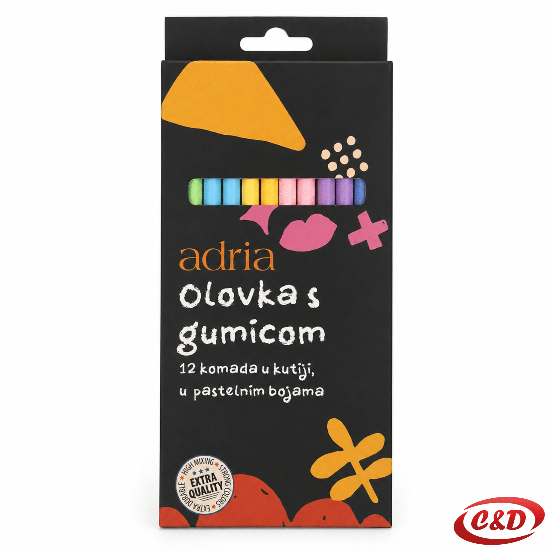 Adria grafitne olovke s gumicom u pastelnim bojama, set od 12 komada, duljine 18 cm