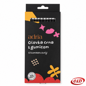 Adria grafitne olovke s gumicom u crnoj boji, set od 12 komada, duljine 18 cm