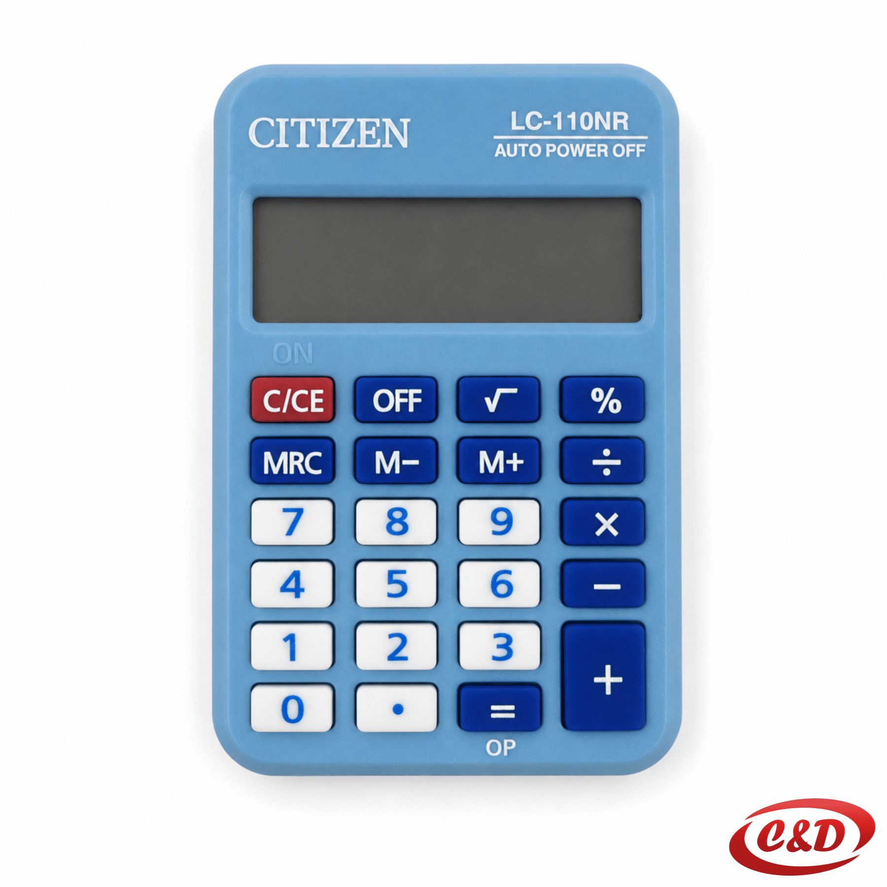 Citizen digitron u plavoj i bijeloj boji s LCD zaslonom od 8 znamenki, dimenzija 9 × 6 × 1 cm
