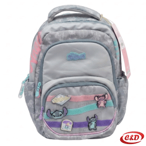 Play Etron Stitch anatomski školski ruksak u plavoj, ljubičastoj i zelenoj boji s Stitch naljepnicama, dimenzija 38 × 30 × 20 cm