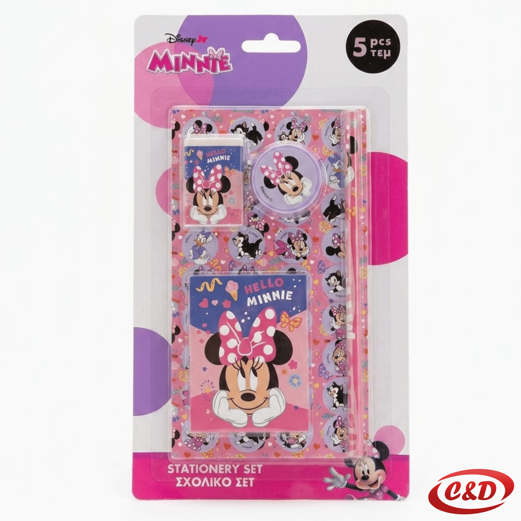 Minnie Mouse školski set 5/1 s grafitnom olovkom, gumicom, šiljalom, blokom za pisanje i stikerima