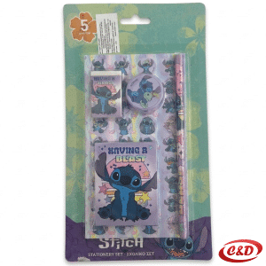 Stitch školski set 5/1 s grafitnom olovkom, gumicom, šiljalom, blokom za pisanje i stikerima u ljubičasto-rozoj boji