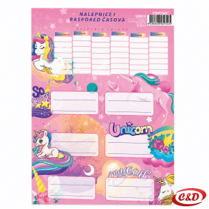 Set od 6 papirnatih naljepnica za bilježnice s Unicorn motivom i rasporedom sati u rozoj, ljubičastoj i bijeloj boji