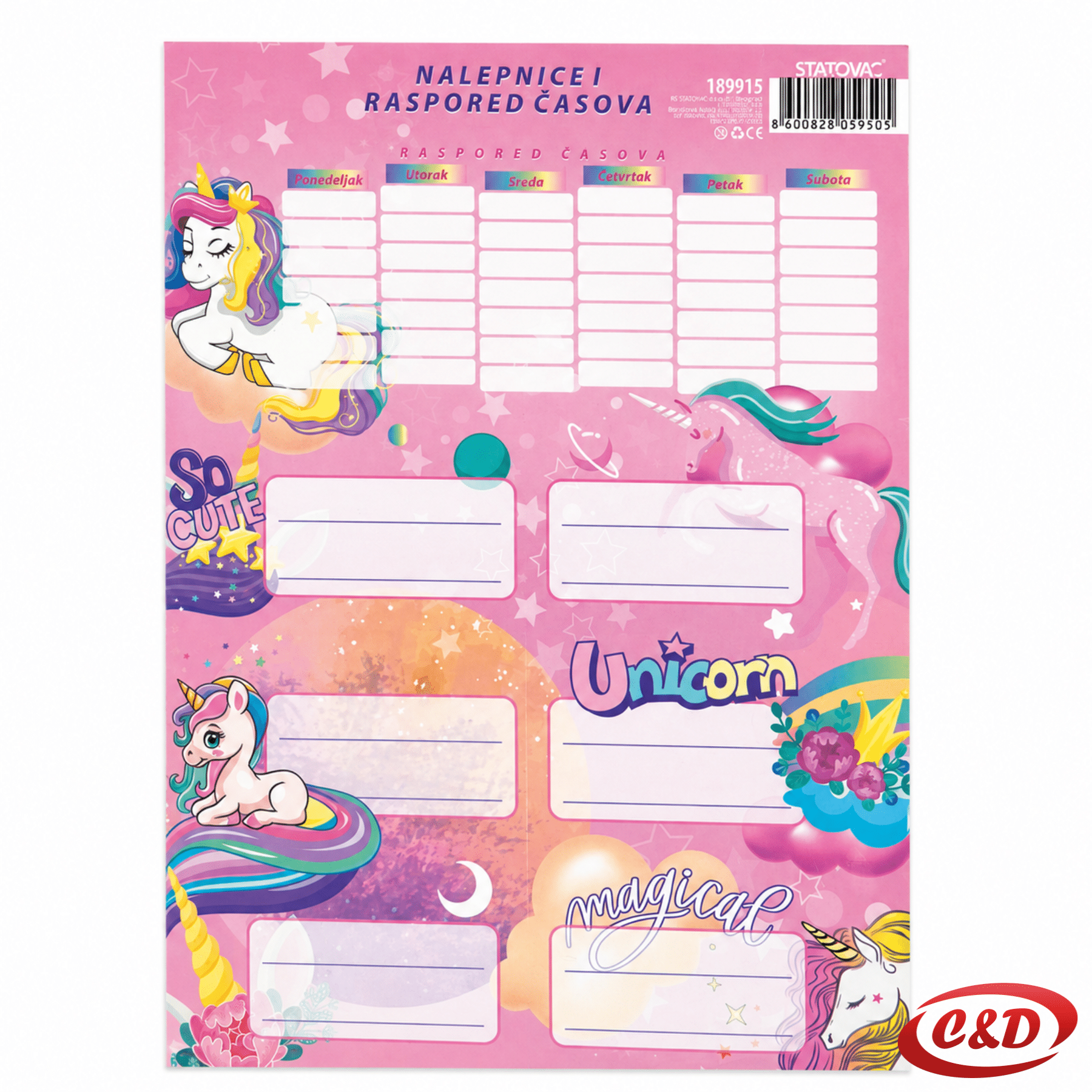 Set od 6 papirnatih naljepnica za bilježnice s Unicorn motivom i rasporedom sati u rozoj, ljubičastoj i bijeloj boji