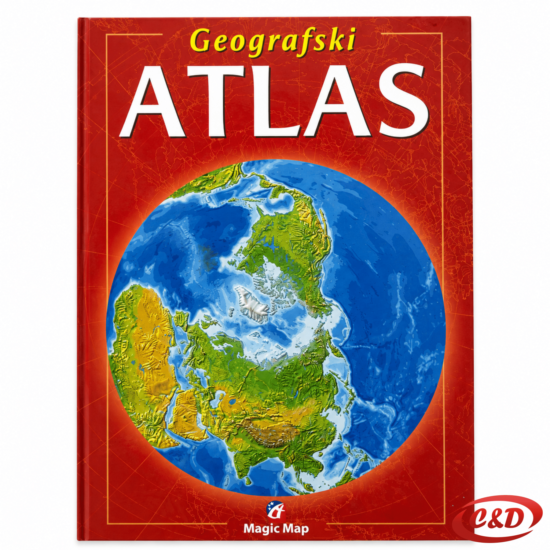 Školski geografski atlas A4 s tvrdim kartonskim uvezom u crvenoj boji i 84 stranice