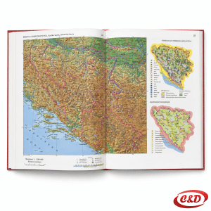 Školski geografski atlas A4 s tvrdim kartonskim uvezom u crvenoj boji i 84 stranice