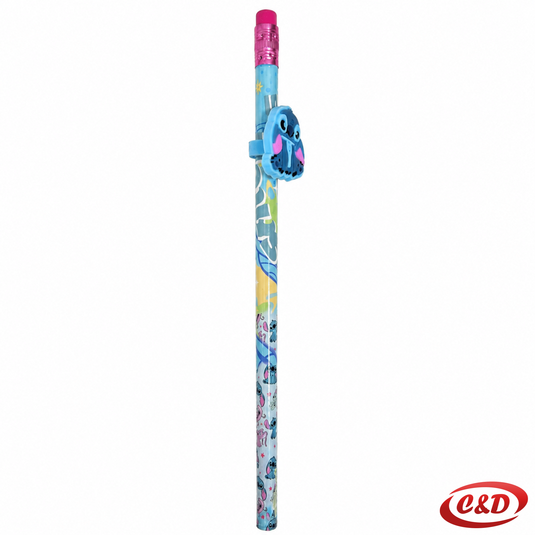 Plava drvena HB olovka s motivom Stitcha i gumicom s dekorativnim Stitch ukrasom