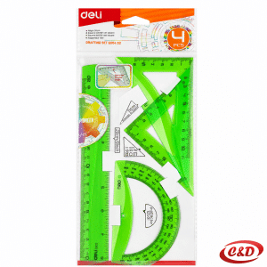 Deli zeleni geometrijski pribor od plastike s ravnalom 20 cm, kutomjerom i dva trokuta