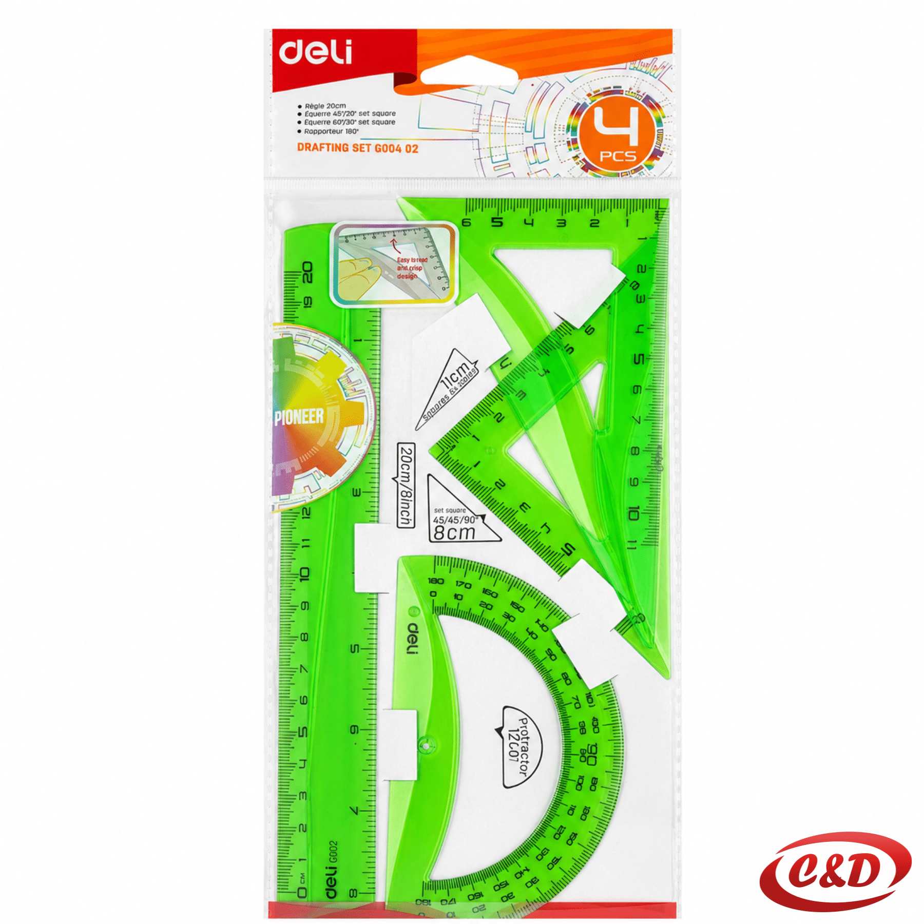 Deli zeleni geometrijski pribor od plastike s ravnalom 20 cm, kutomjerom i dva trokuta