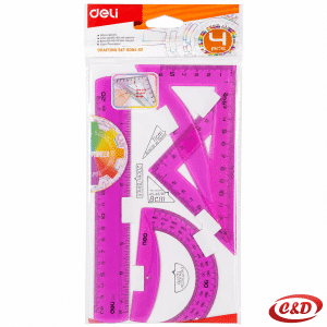 Deli rozi geometrijski pribor od plastike s ravnalom 20 cm, kutomjerom i dva trokuta