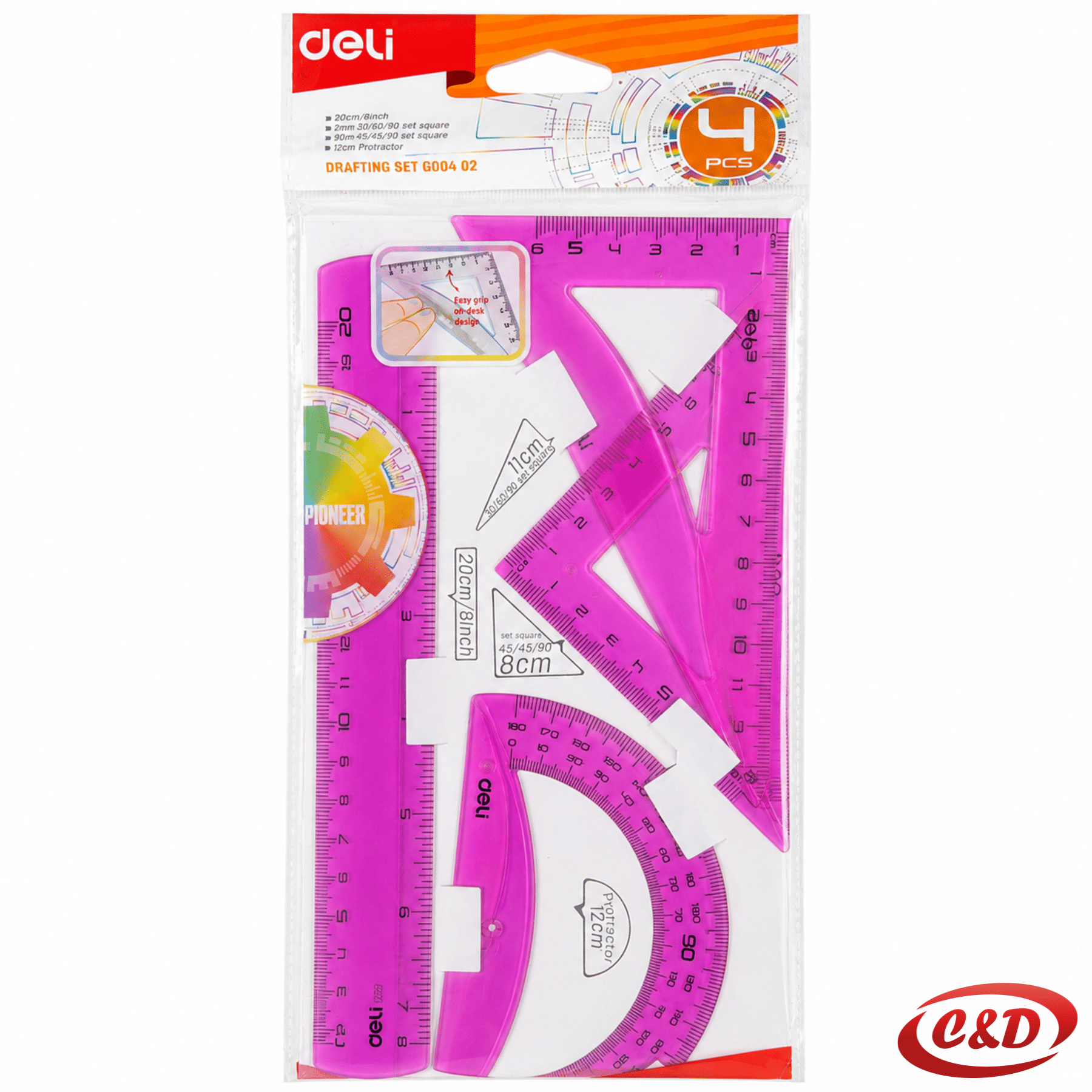 Deli rozi geometrijski pribor od plastike s ravnalom 20 cm, kutomjerom i dva trokuta