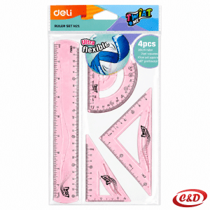 Deli fleksibilni geometrijski set u roza boji s ravnalom 30 cm, kutomjerom i dva trokuta