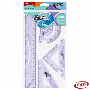 Deli fleksibilni geometrijski set u ljubičastoj boji s ravnalom 30 cm, kutomjerom i dva trokuta