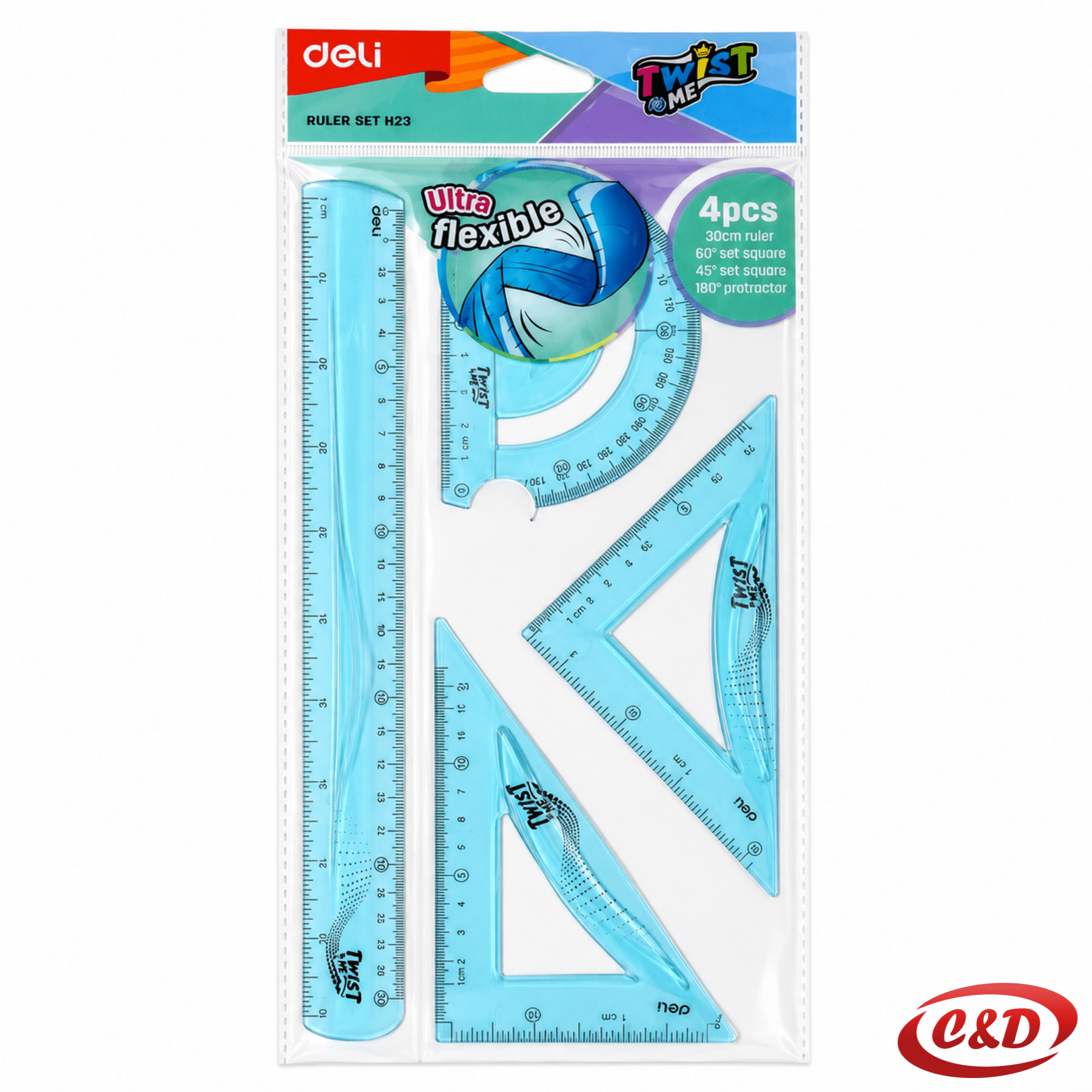 Deli fleksibilni geometrijski set u plavoj boji s ravnalom 30 cm, kutomjerom i dva trokuta