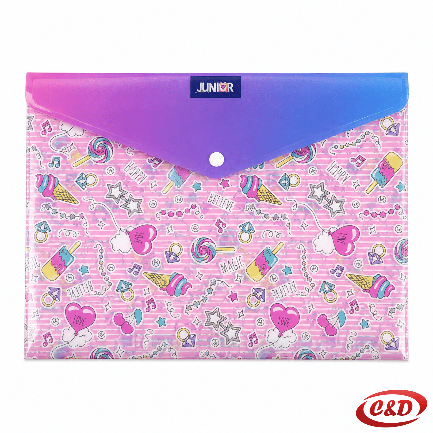Junior roza PVC fascikla A4 s motivima sladoleda i pritisnim gumbom