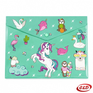 Zelena PVC fascikla A4 s motivom jednoroga i pritisnim gumbom