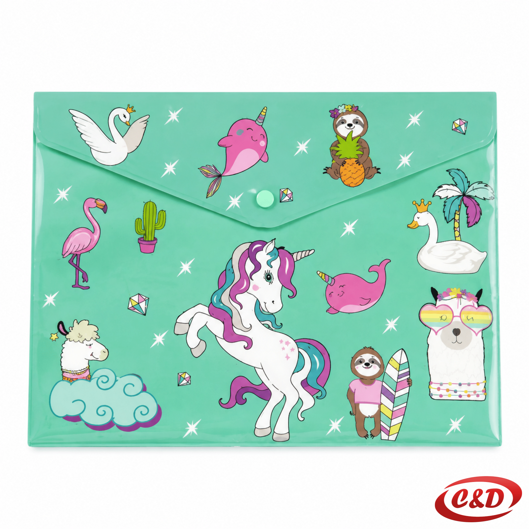 Zelena PVC fascikla A4 s motivom jednoroga i pritisnim gumbom