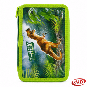 Zelena puna pernica s motivom dinosaura, dvije pregrade, dva zipa i školskim priborom