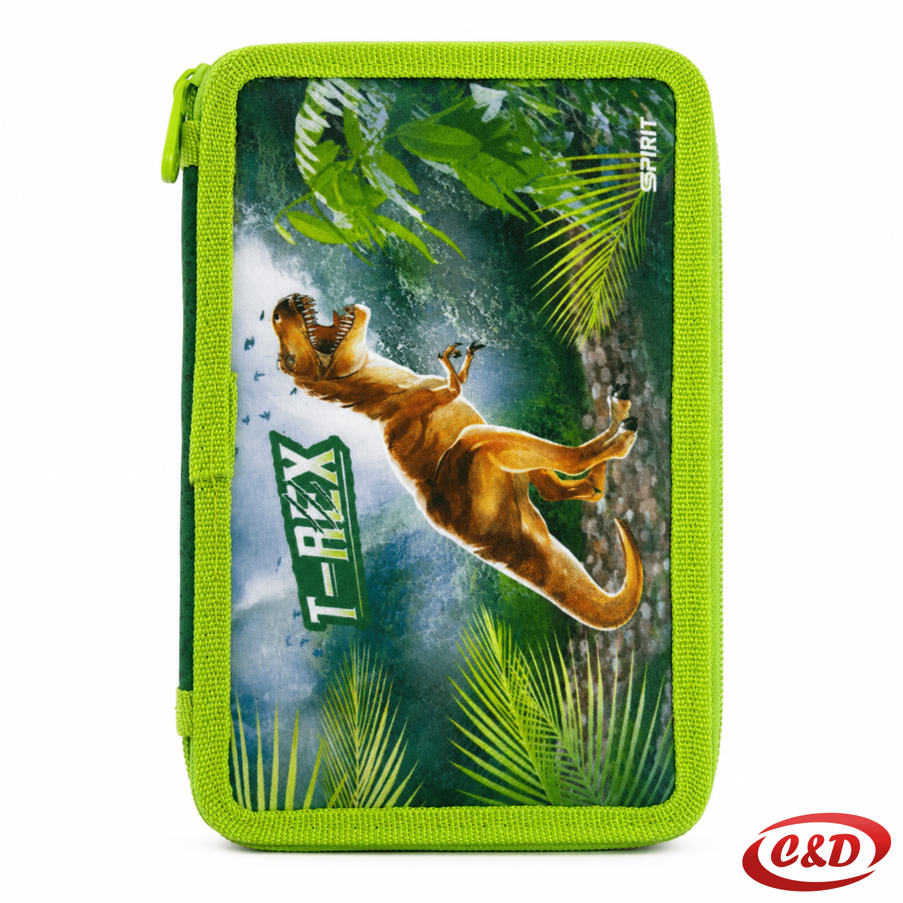 Zelena puna pernica s motivom dinosaura, dvije pregrade, dva zipa i školskim priborom