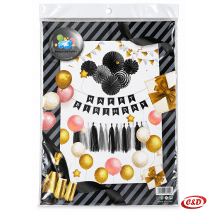 Uradi sam set za rođendan sa crno-bijelim lepezama, resama i crnim Happy Birthday natpisom