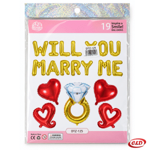 Balon set Will You Marry Me sa zlatnim natpisom, crvenim srcima i folijskim prstenom