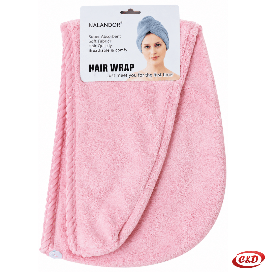 Roza ručnik za kosu od mikrofibre 60 × 24 cm s dugmetom i elastičnom gumom