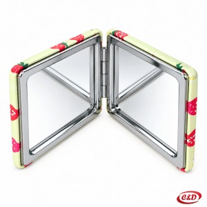 Žuto-crveno preklopno putno ogledalo s motivom jagoda 8 × 6 cm