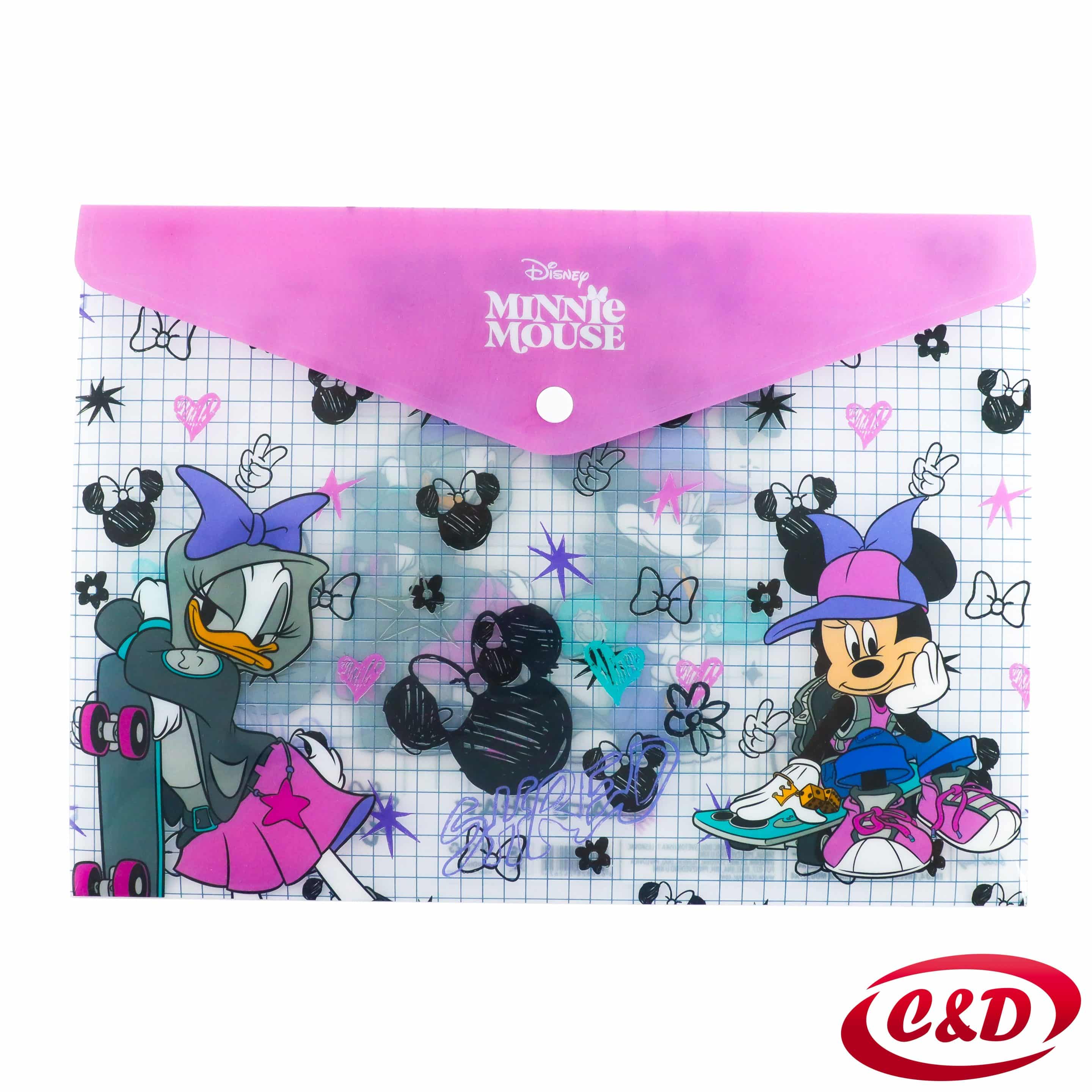 Plastična A4 fascikla s gumbom i motivom Minnie Mouse u rozoj, prozirnoj i ljubičastoj boji