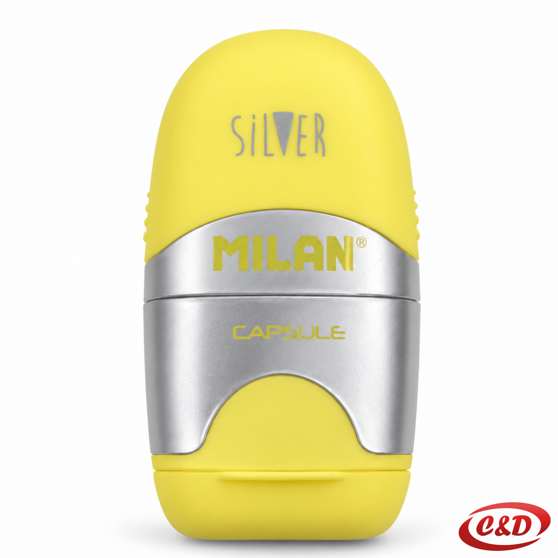 Milan 2 u 1 žuto-srebrno oštrilo s gumicom od plastike i gume