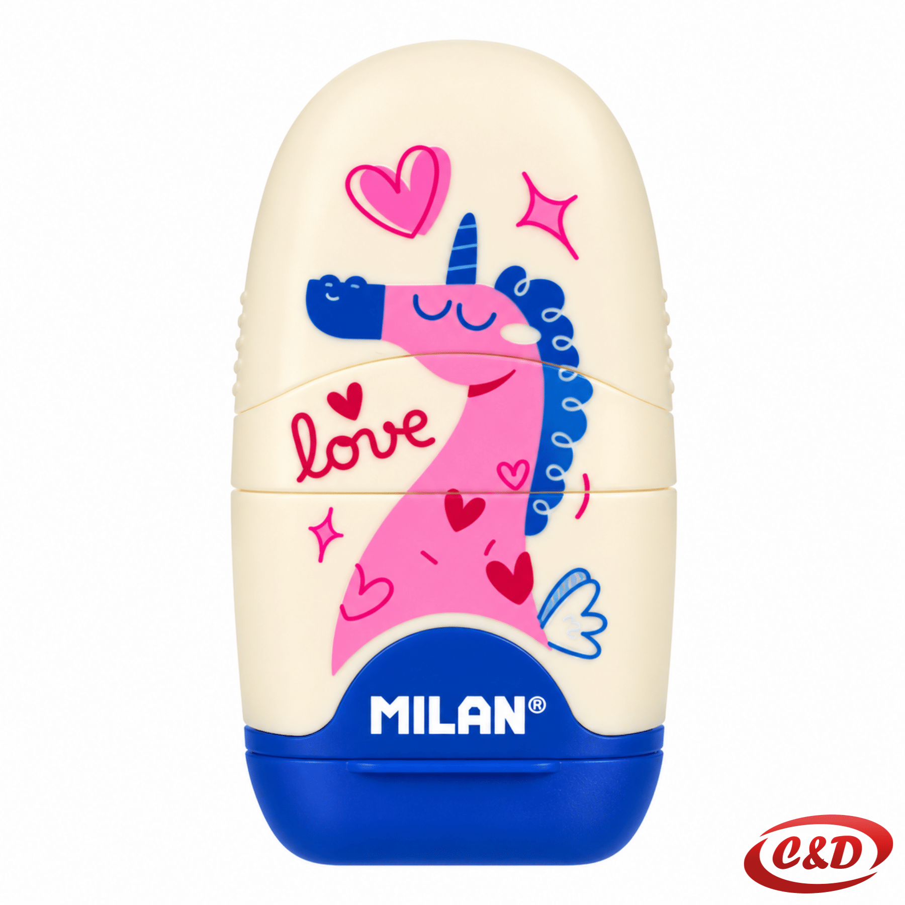 Milan 2 u 1 bijelo-plavo oštrilo s gumicom od plastike i gume