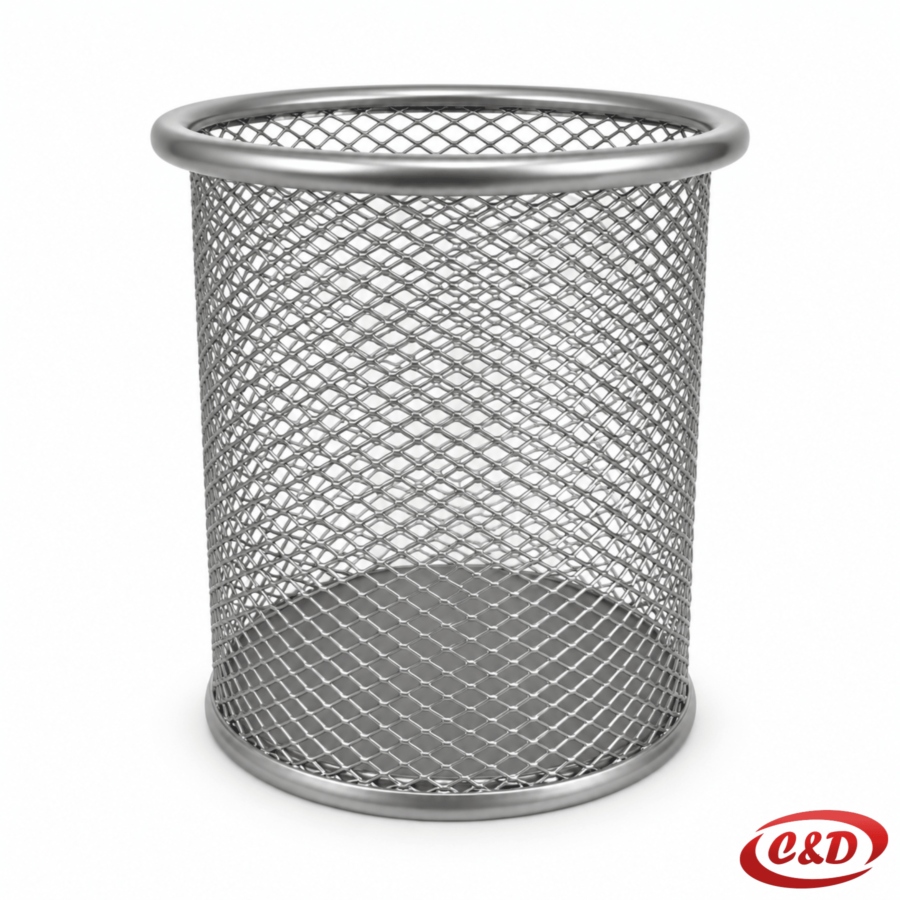 Siva metalna okrugla posuda za olovke visine 10 cm i promjera 9 cm