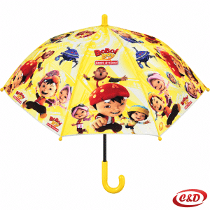 Žuti dječji kišobran Boboiboy s crnom i žutom drškom, žutom pištaljkom i 8 šiba