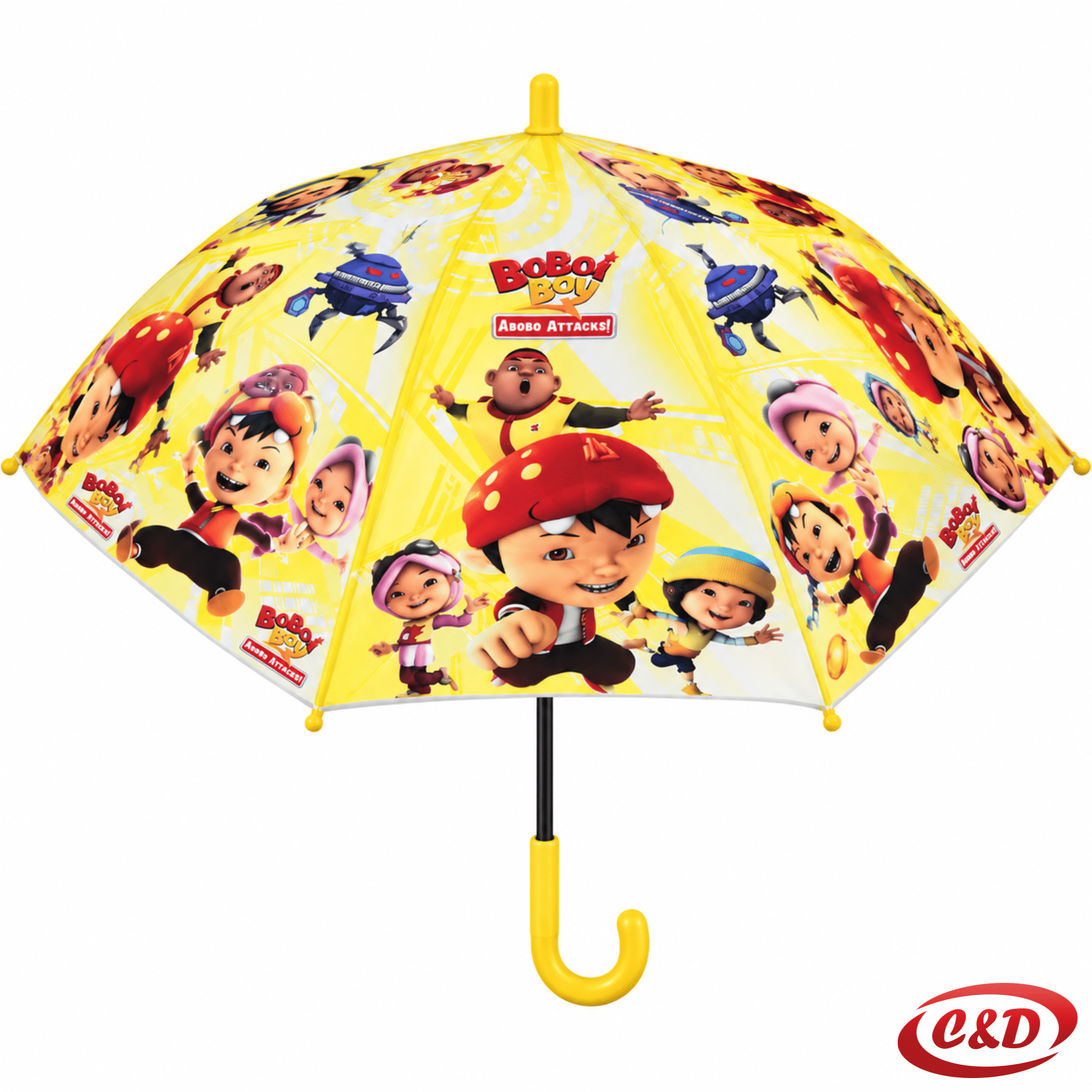 Žuti dječji kišobran Boboiboy s crnom i žutom drškom, žutom pištaljkom i 8 šiba