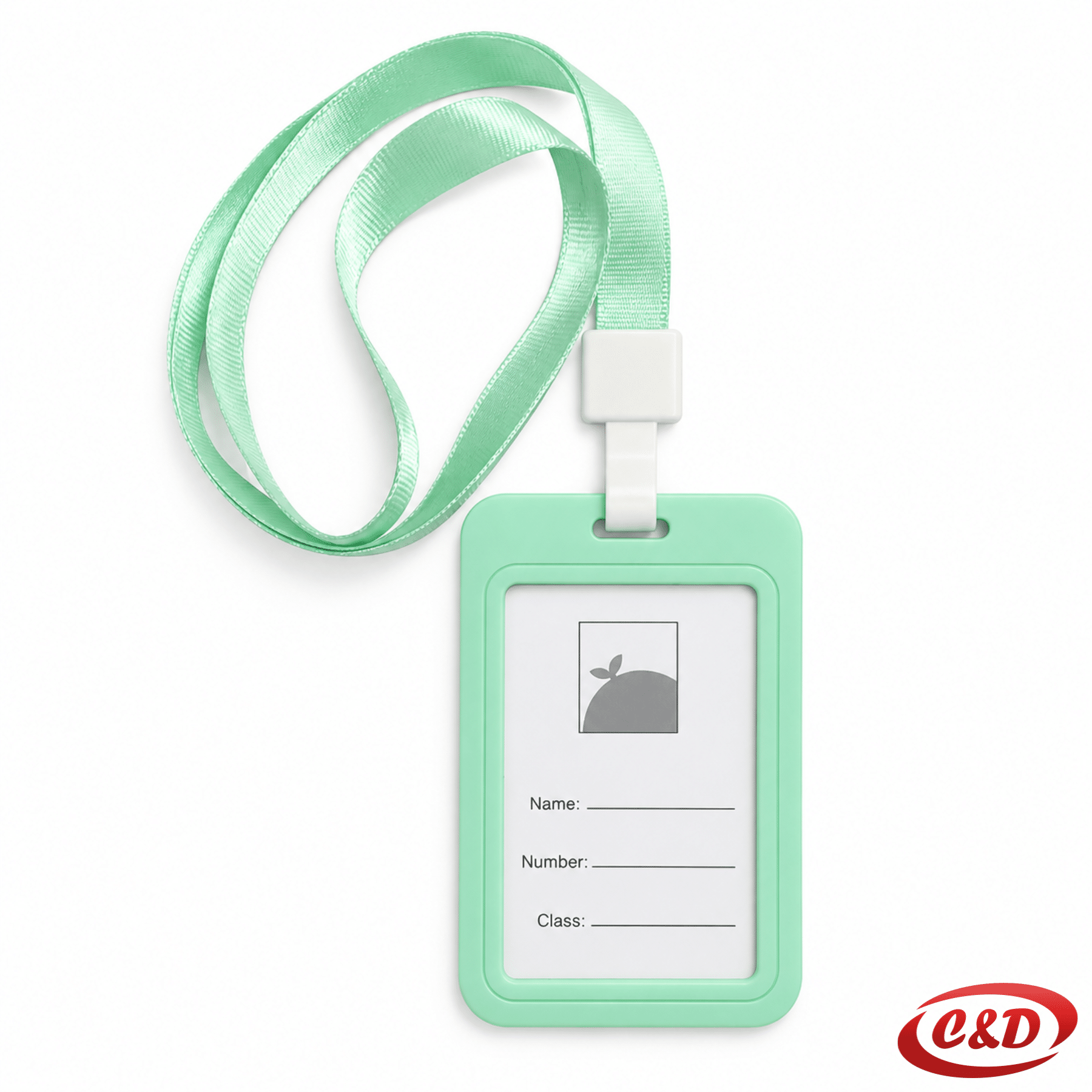Zelena akreditacija od krute plastike sa zelenom trakom za nošenje, dimenzije 8 × 5 cm