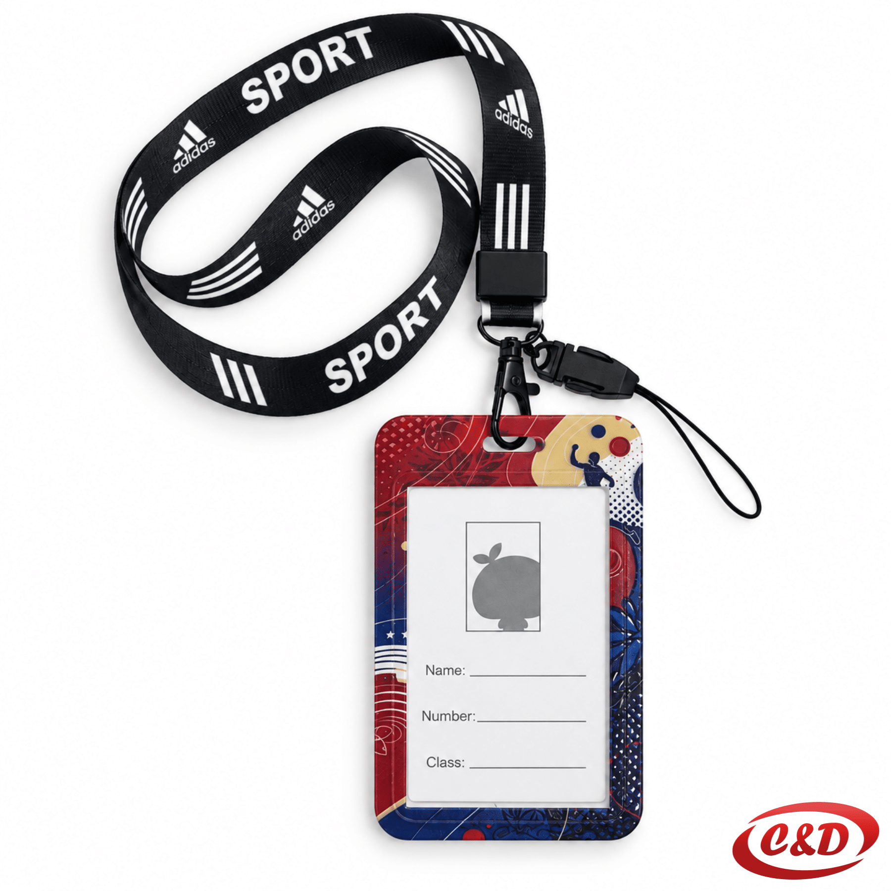 Akreditacija dimenzije 8 × 5 cm s crnom vrpcom i bijelim adidas natpisom te plavo-crvenim plastičnim okvirom